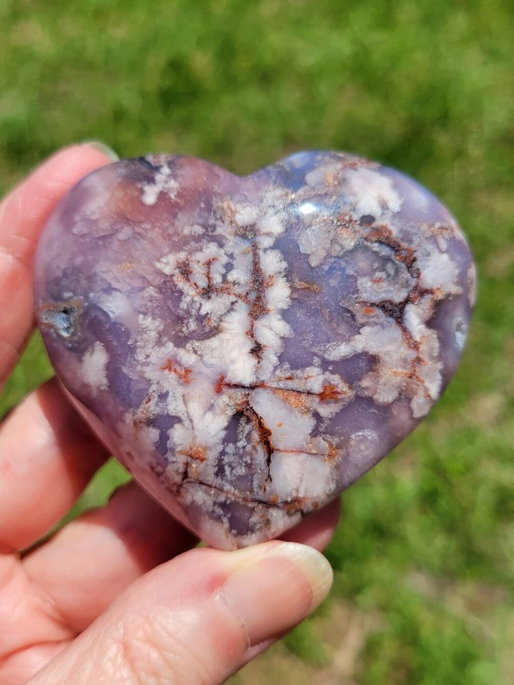 Blue Flower Agate LARGE Heart Shaped Palm Stone (FA709b)